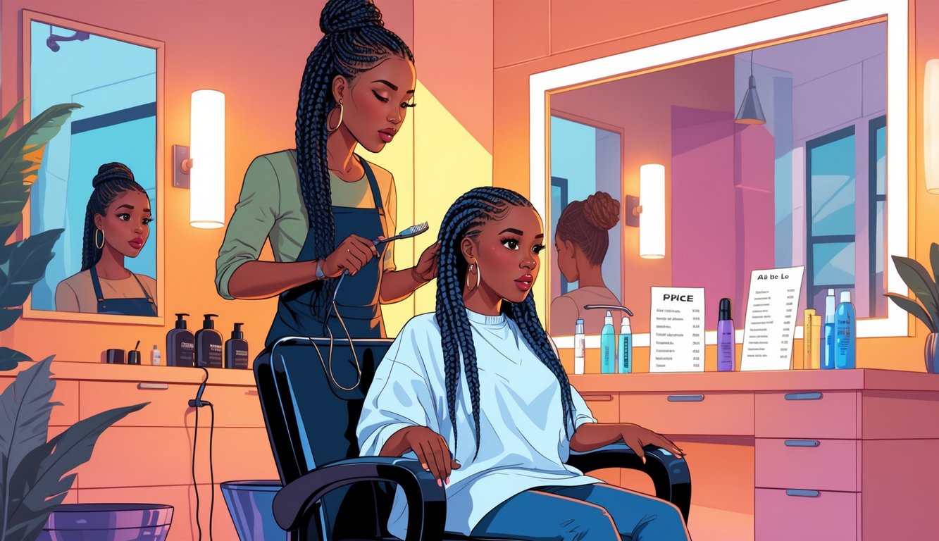 A hair stylist braiding a client's hair in a salon while the client looks surprised.