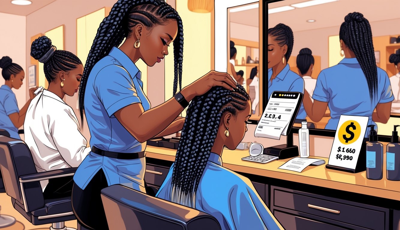 A hair stylist working on a client's box braids in a busy salon with subtle signs indicating rising costs.