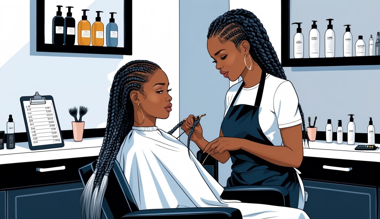 A woman getting box braids styled by a hairstylist in a hair salon, with a price list and calculator visible nearby, showing a moment of discussion about service cost.