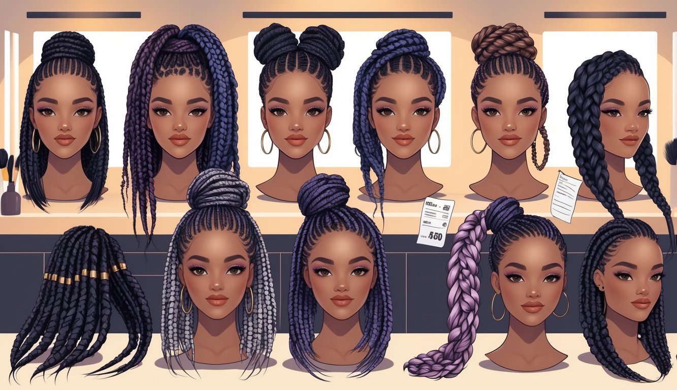 Various braided hairstyles displayed on mannequin heads in a salon setting with subtle symbols indicating a price increase.