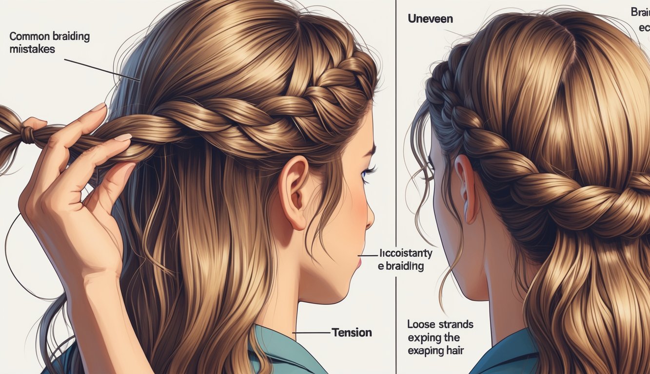 Close-up of a person’s head and hands showing common braiding mistakes with uneven hair sections and loose strands.
