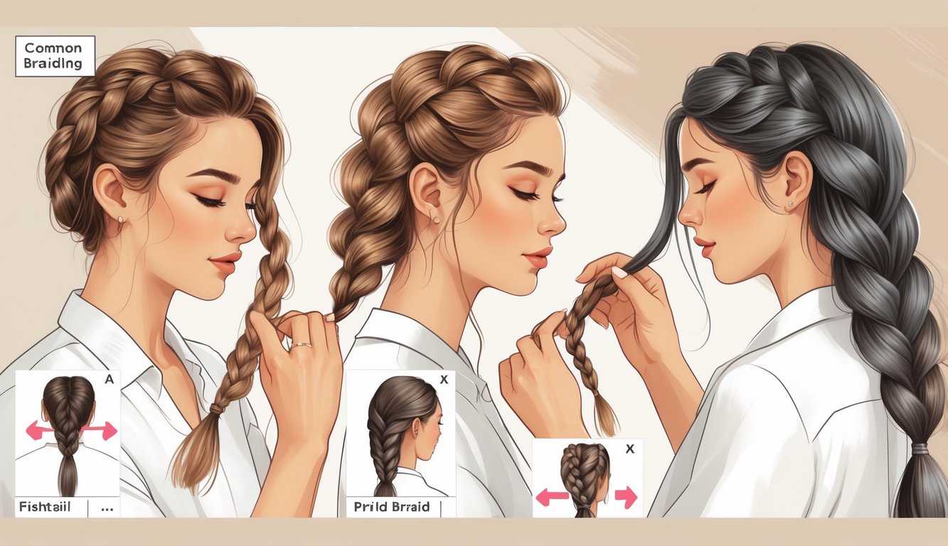 Three women demonstrating different braiding techniques with close-up views of their hands and hair, alongside small illustrations highlighting common braiding errors.