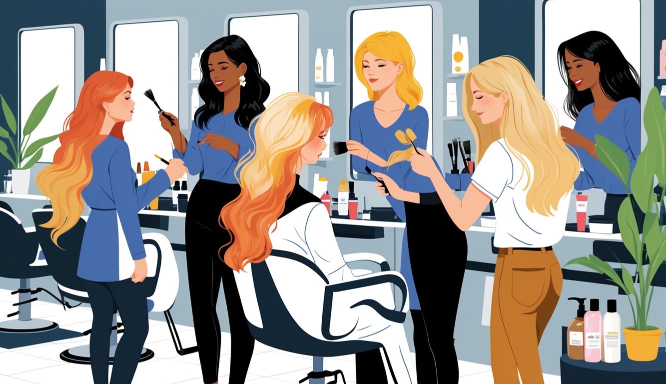 A hair salon scene with stylists advising clients about common hair color mistakes, showing clients with patchy, brassy, and overly vibrant hair colors.