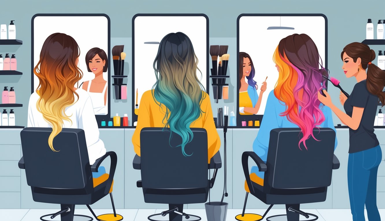 Two clients in a hair salon with mismatched hair colors showing uneven and clashing tones, while two stylists observe and prepare to fix the color issues.