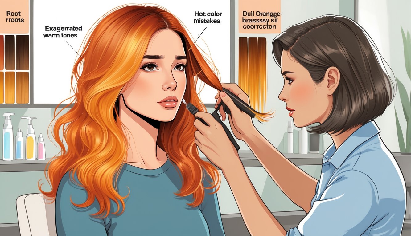 A woman with uneven hair color showing brassiness and hot roots, being examined by a stylist in a salon.
