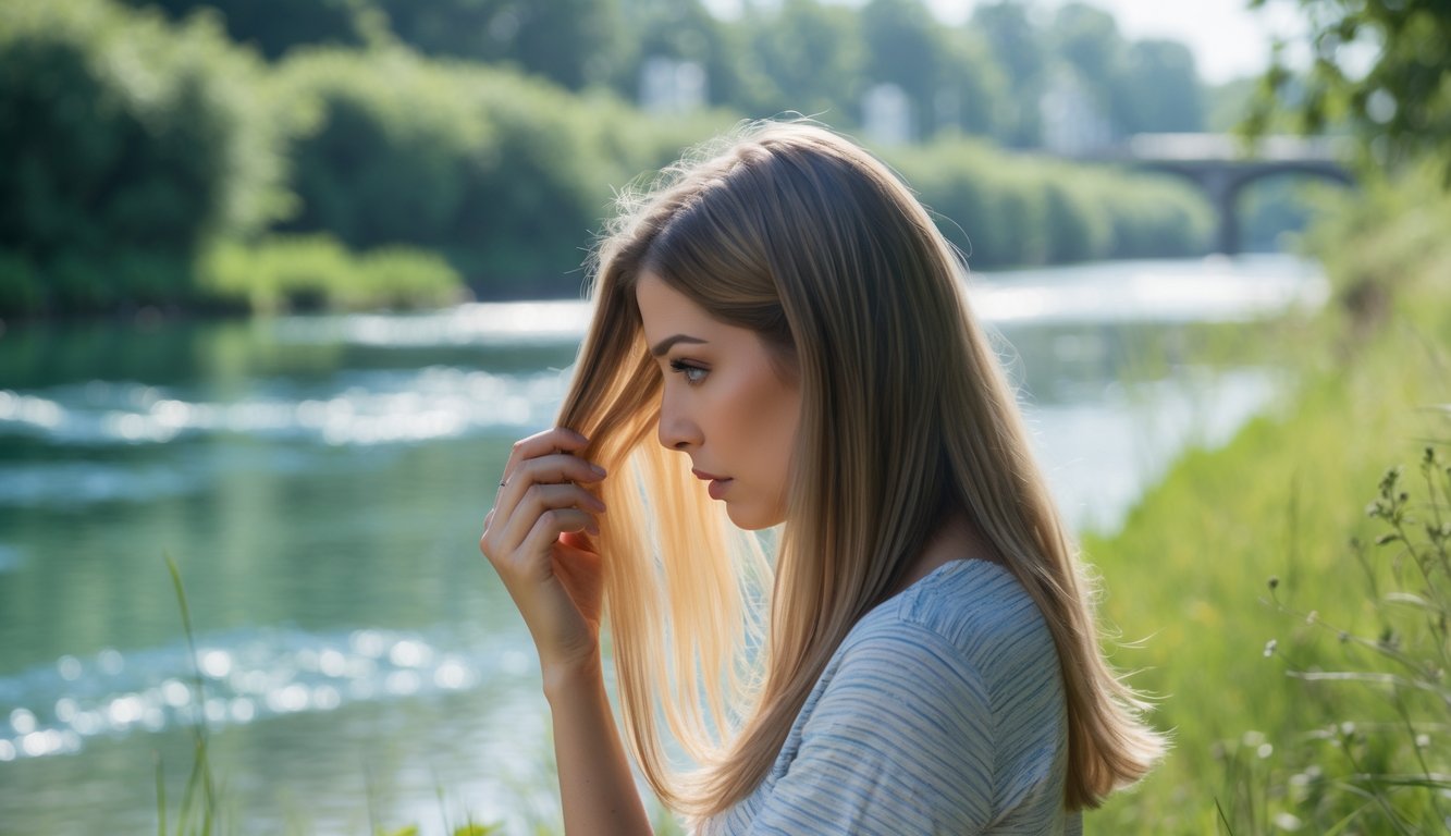 A young woman near a river looking at her fading hair with greenery and subtle signs of water pollution in the background.