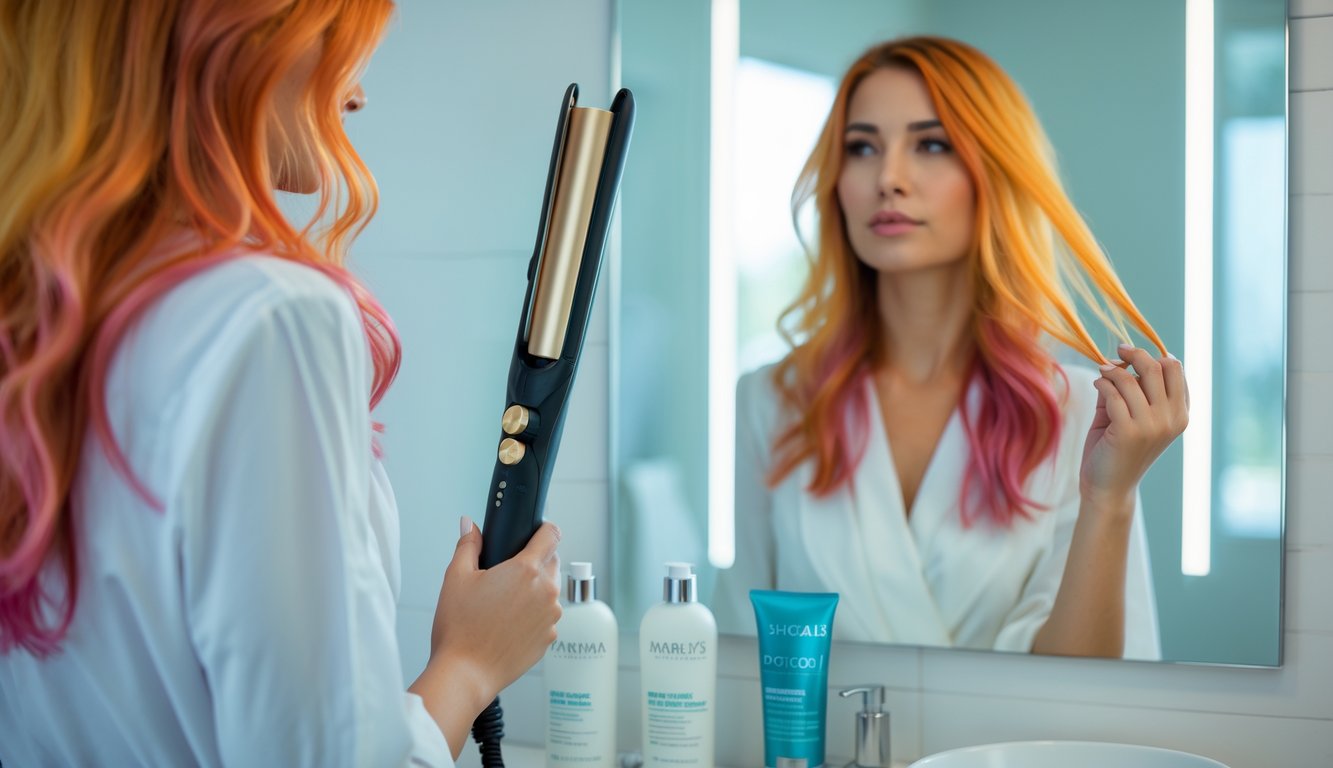 A woman with colored hair looking into a mirror while holding a hair styling tool, with hair care products on a bathroom counter.