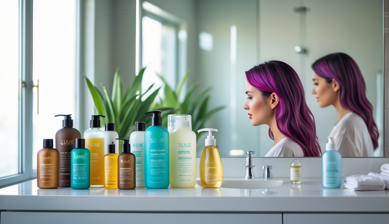 A woman with vibrant hair examines a shampoo bottle in a bright, modern bathroom with haircare products on the counter.