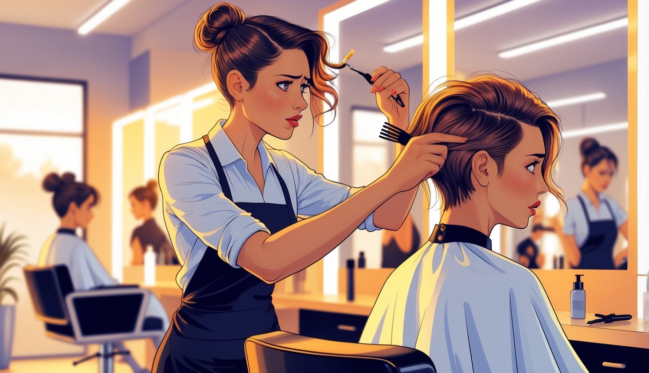 A hairstylist examines a client's haircut with concern while the client looks uncertain, inside a busy hair salon.