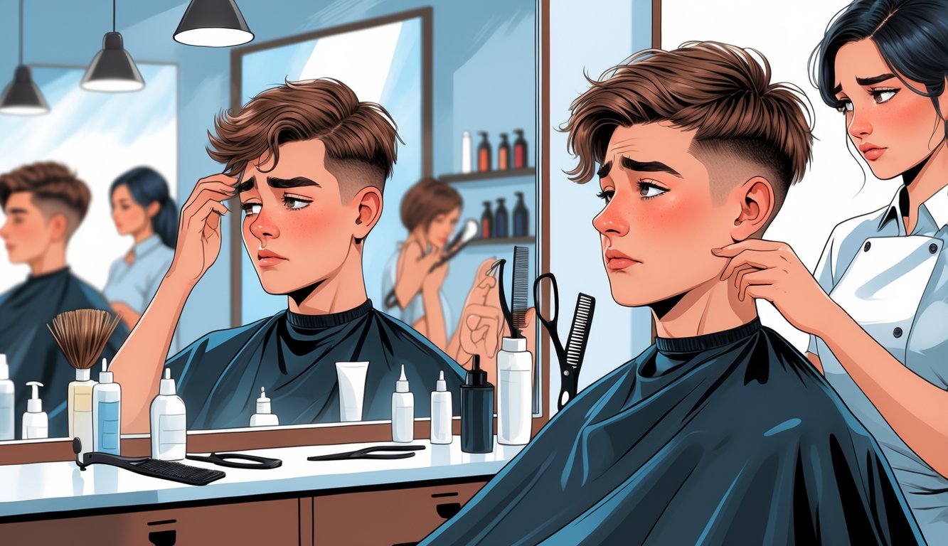 A person looking at their reflection in a salon mirror with a disappointed expression while a hairstylist watches attentively nearby.