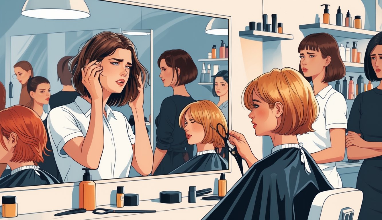 A woman looks worriedly at her haircut in a salon mirror while a stylist watches her with concern; other clients in the salon show uncertain expressions.