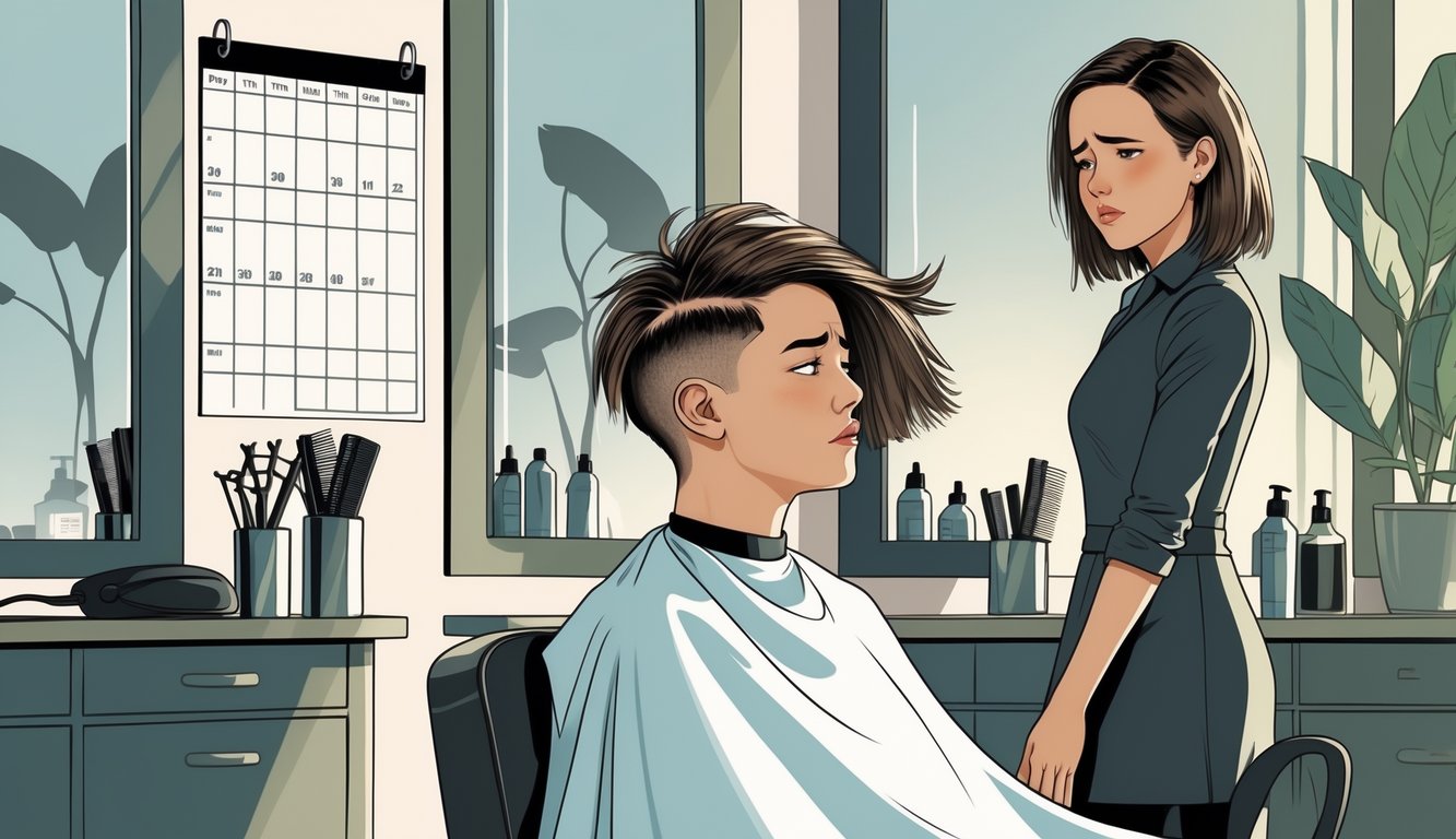 A person sitting in a salon chair looking upset after a bad haircut while a stylist watches quietly in a hair salon.
