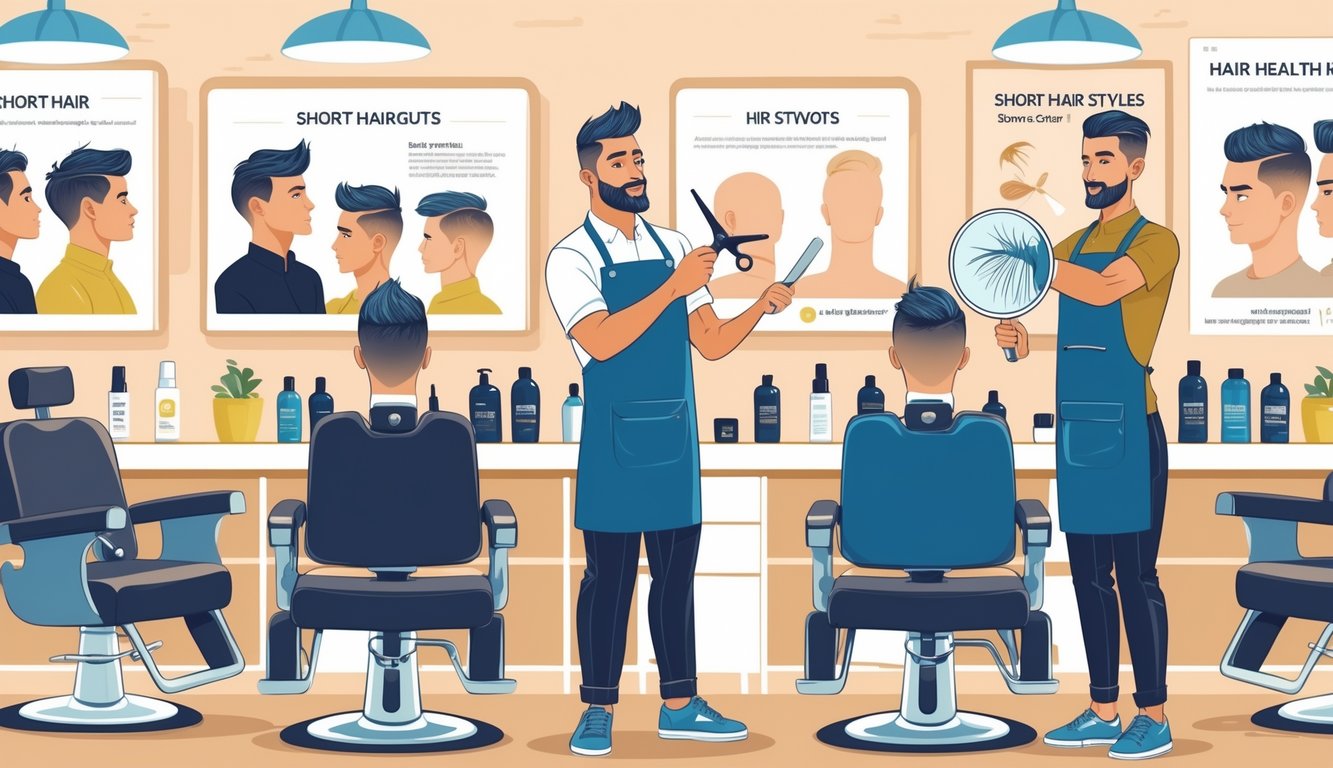 Two barbers demonstrating short haircut techniques to a diverse group of clients in a bright, modern barbershop.