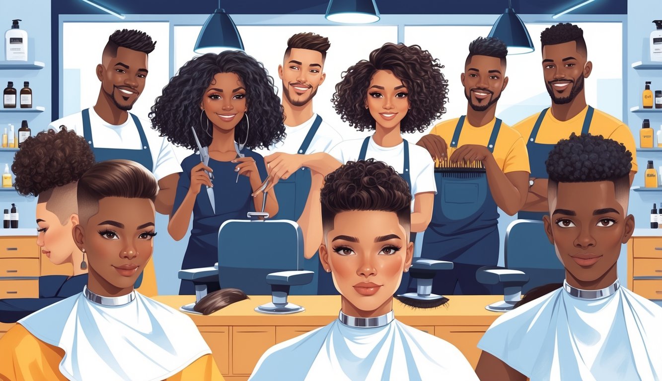 A group of people with different hair types receiving short haircuts from professional barbers in a modern barbershop.