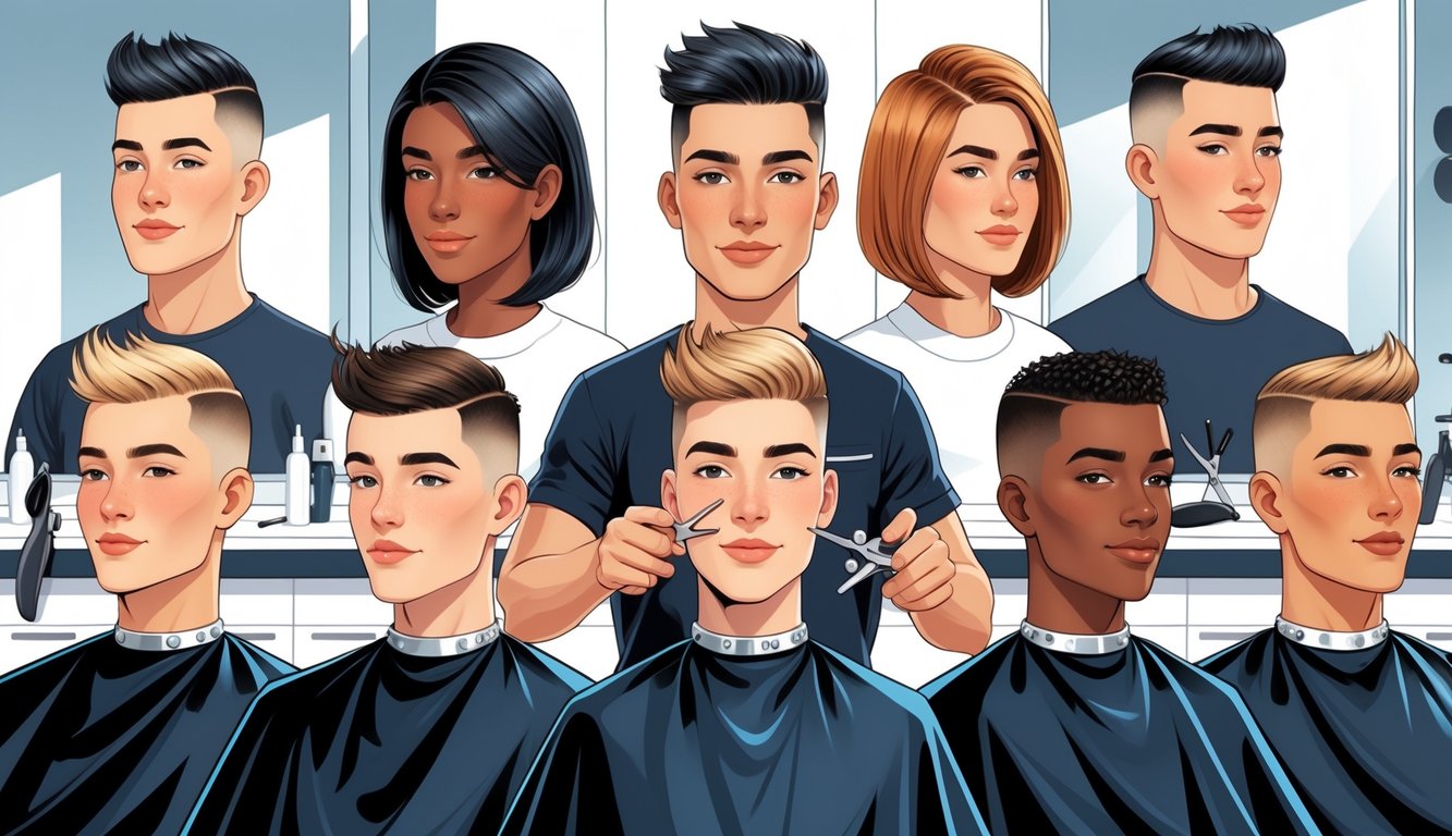 A group of people with different face shapes wearing various short haircuts while a barber demonstrates haircut techniques in a modern barbershop.