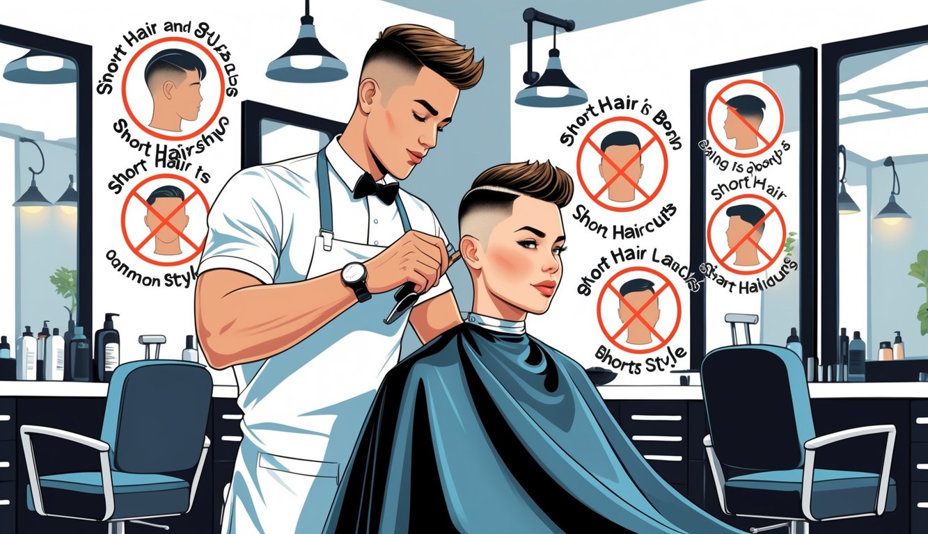 A barber styling a client's short haircut in a barbershop, surrounded by barber tools and mirrors.