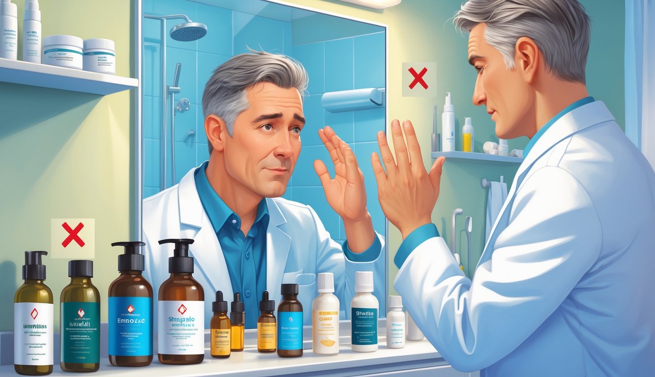 A man looking at his thinning hair in a mirror while a dermatologist nearby gestures a warning about certain hair loss products.