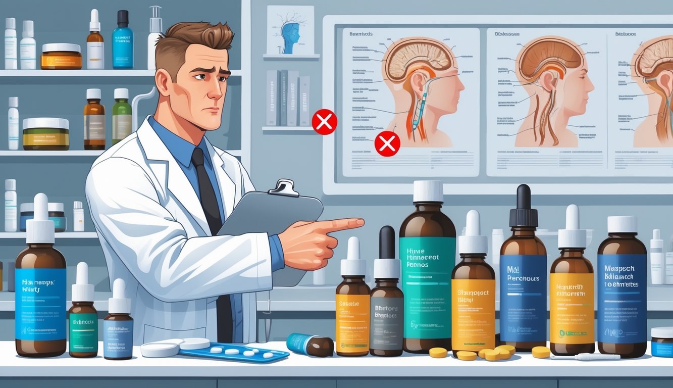 A male dermatologist in a clinic points seriously at hair loss remedy products on a table, with warning symbols indicating some should be avoided.