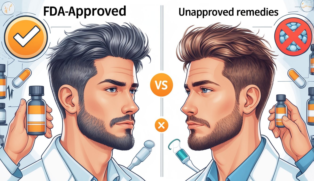 A man with thick hair and medical symbols on one side, and a man with thinning hair surrounded by warning signs on the other, illustrating trusted versus unapproved hair loss treatments.