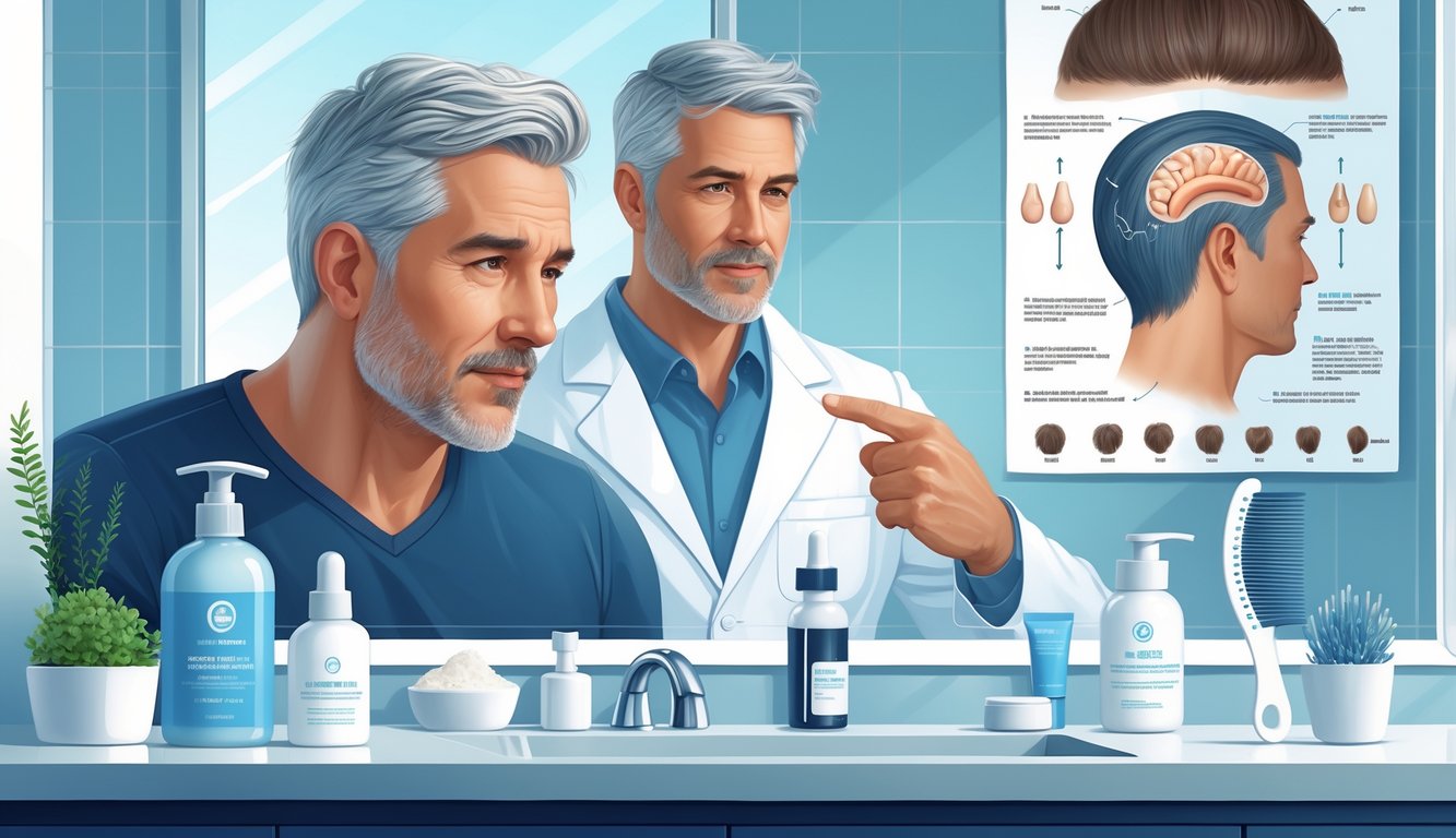 A man with thinning hair looks in the bathroom mirror while a dermatologist explains hair loss treatments using a scalp diagram.