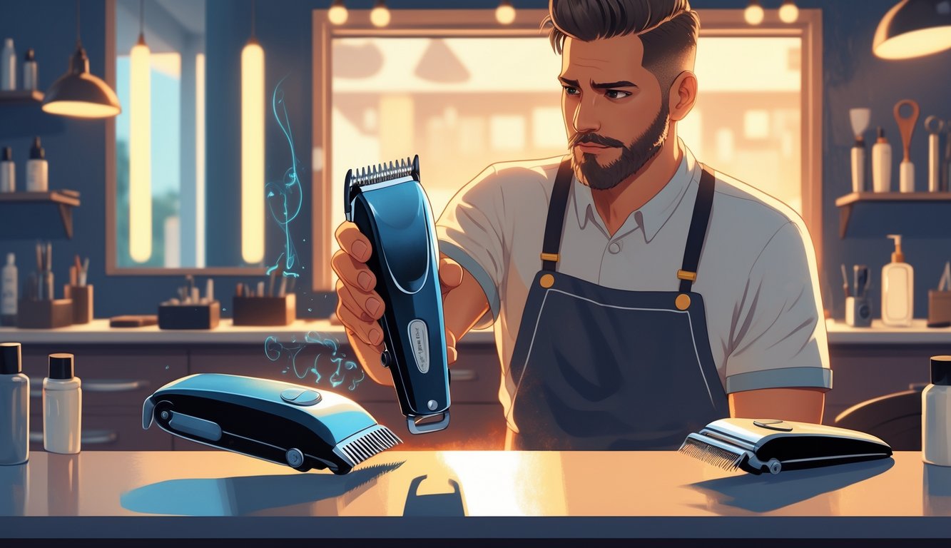 A barber in a shop holding a high-quality hair clipper while an old, worn clipper sits on the counter nearby.