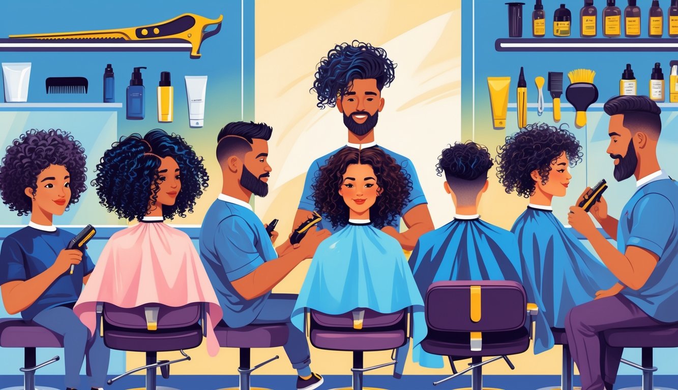 A diverse group of people with different hair types getting haircuts from barbers in a modern barbershop, showing well-groomed hair and quality tools.