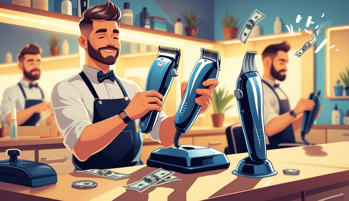 A barber holding a high-quality hair clipper in a clean barbershop, with a cheap clipper on the counter and another barber struggling with a noisy clipper in the background.