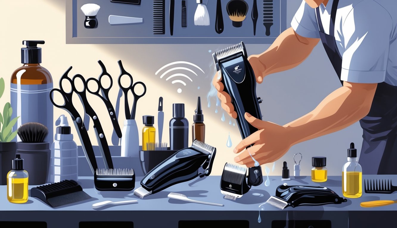 A barber cleaning and maintaining high-quality hair clippers at a well-organized barber station with grooming accessories nearby and a worn-out clipper shown in the background.