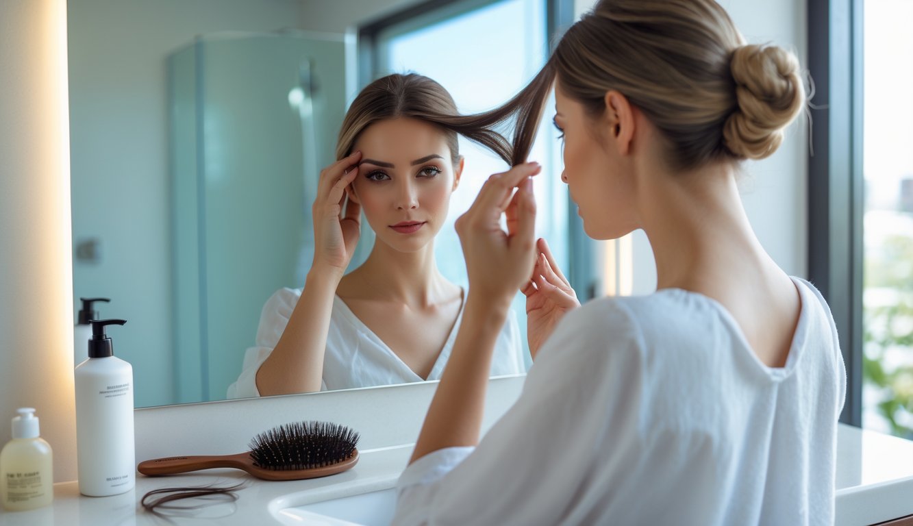A woman with thinning hair looking at her scalp in a bathroom mirror, touching her hair with concern.