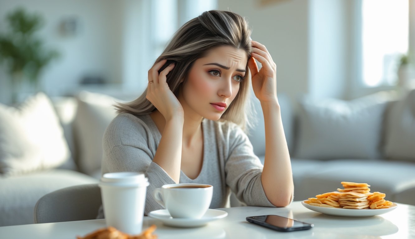 A young woman with thinning hair gently touching her scalp, sitting in a bright living room with a smartphone and snacks nearby.