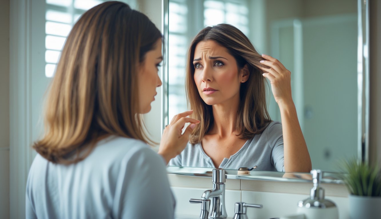 A woman looking at her thinning hair in a bathroom mirror, gently touching her hair with a concerned expression.