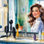 A woman with voluminous hair smiles in front of a bathroom mirror with hair styling tools and products on the counter.