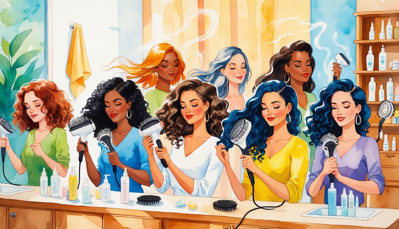 A group of women with different hair types styling their hair with hairdryers and brushes in a bright bathroom with hair products on shelves.