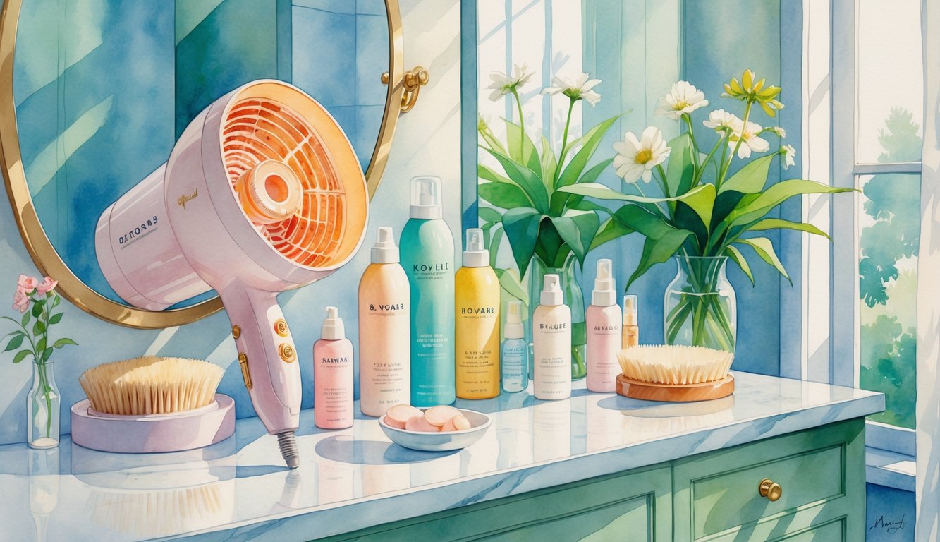 A bathroom vanity with a hairdryer, hair products, a round brush, a mirror, and plants arranged on a marble countertop.
