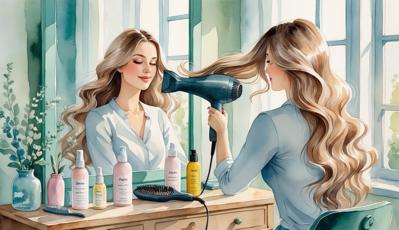 A woman using a blow dryer in front of a mirror with hair care products on a vanity, surrounded by soft natural light.