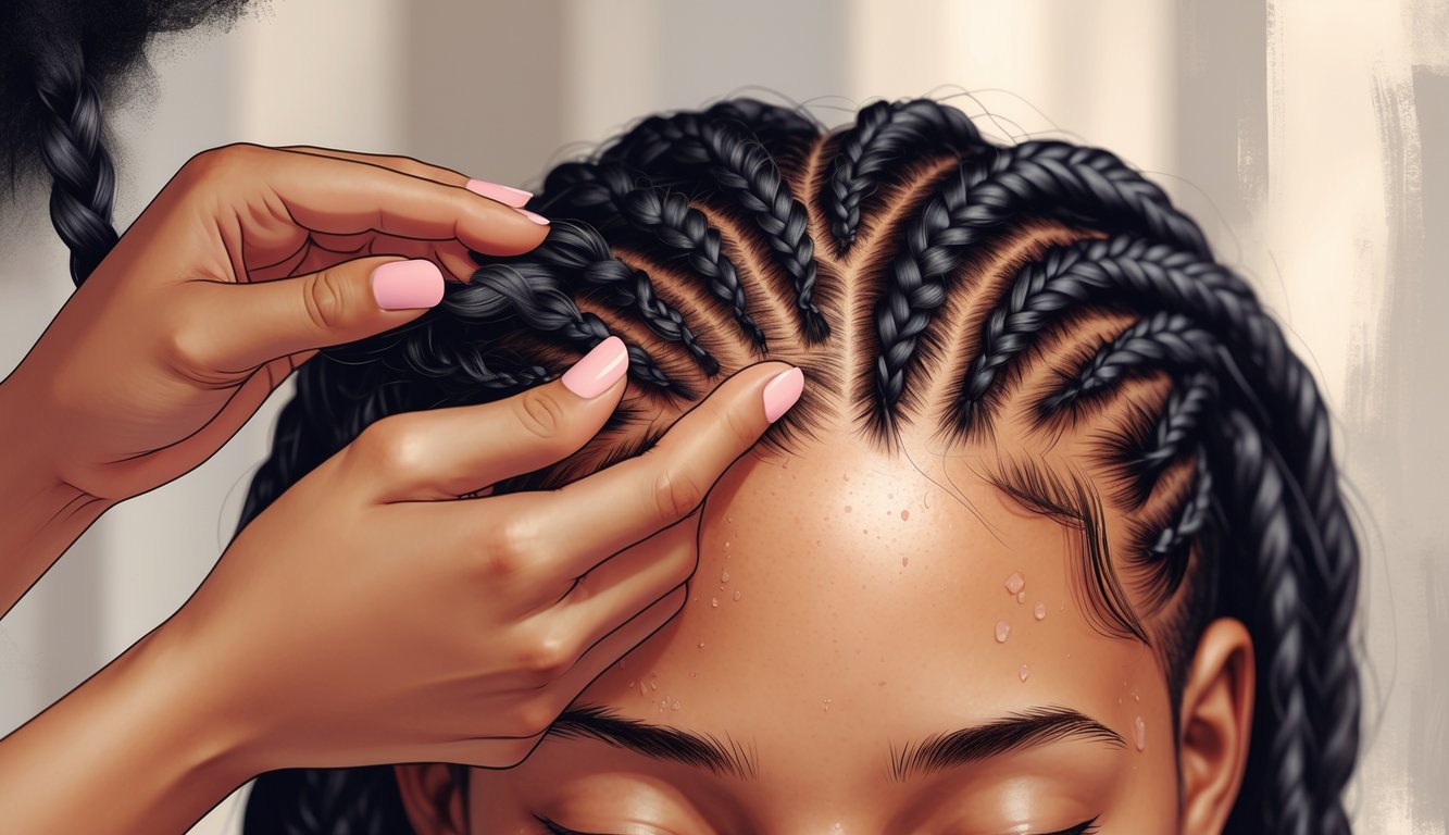 Close-up of a woman's scalp with tight box braids showing signs of irritation and hair thinning, with a stylist's hands gently examining the braids.