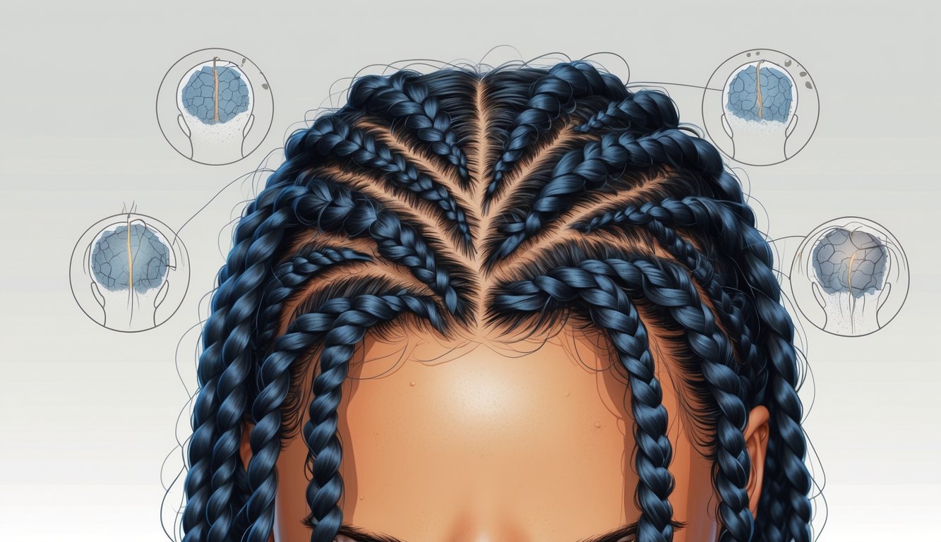 Close-up view of a person's scalp with tightly braided box braids showing slight scalp irritation around the hairline.
