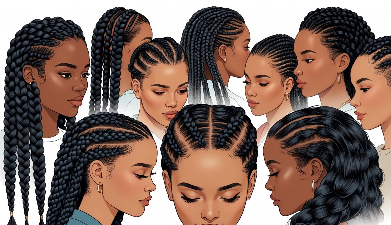 A group of women with different braided hairstyles showing their scalp areas with subtle signs of tension.