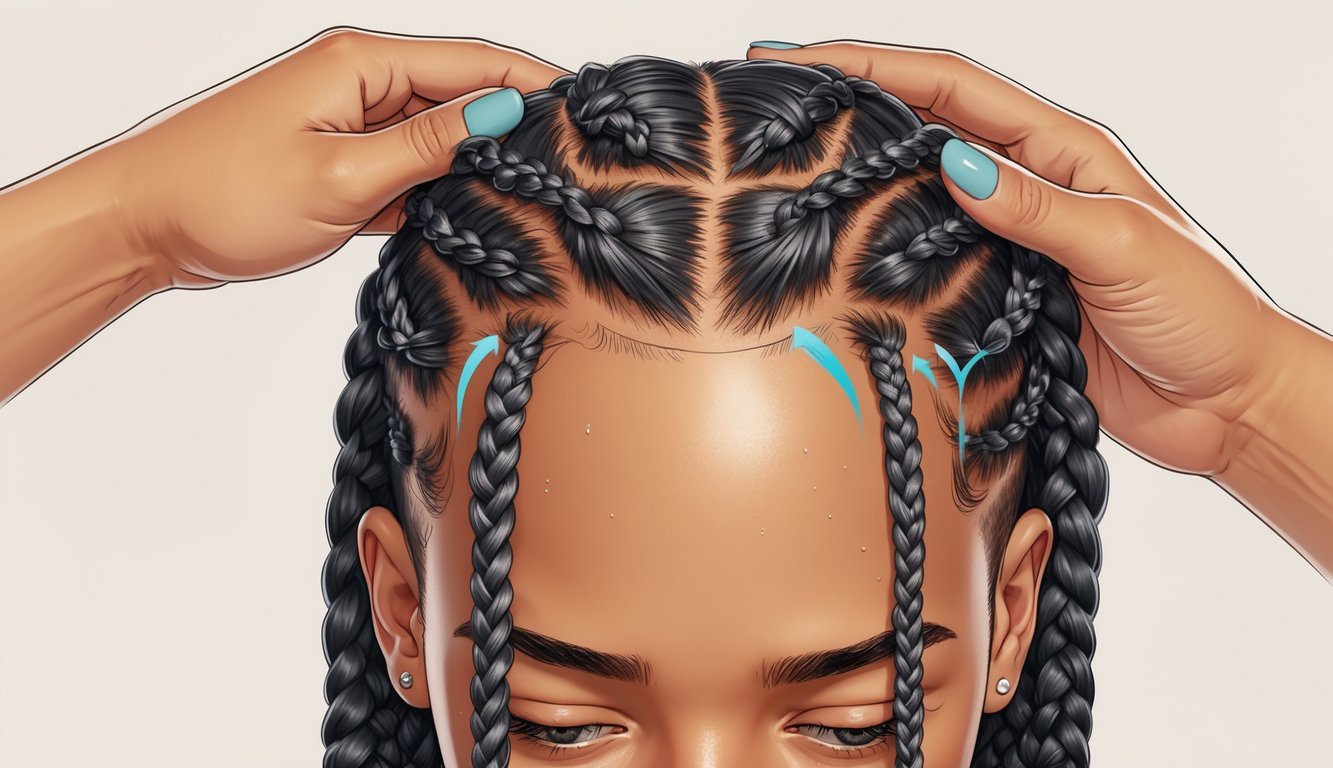 Close-up of a person's scalp with tight box braids showing areas of scalp tension, with a stylist's hands gently adjusting the braids.