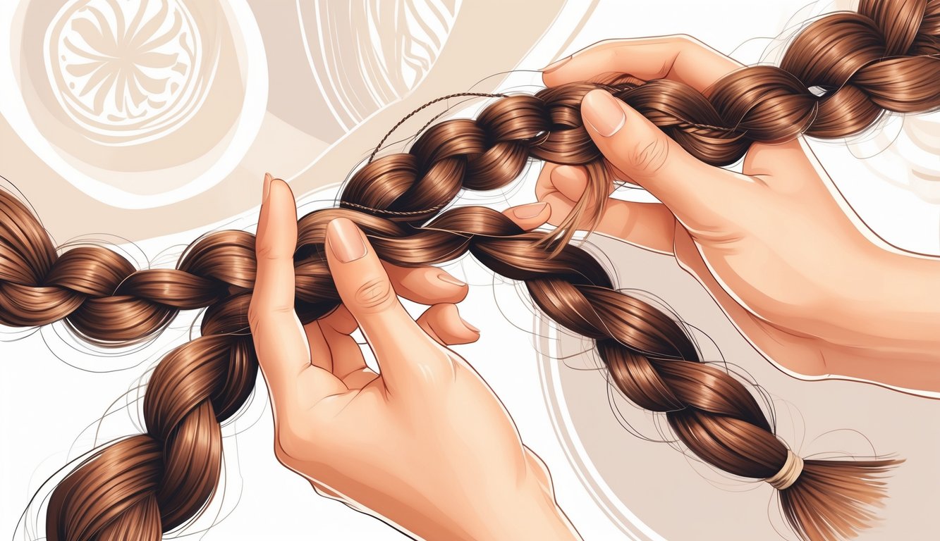 Close-up of hands braiding hair with detailed, intricate patterns, highlighting the skill and precision involved.