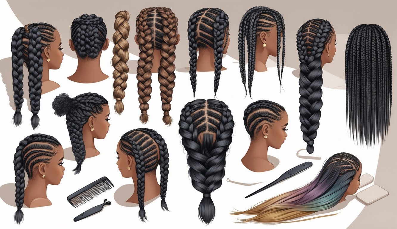 A collection of diverse braided hairstyles displayed on mannequin heads with hair styling tools nearby.