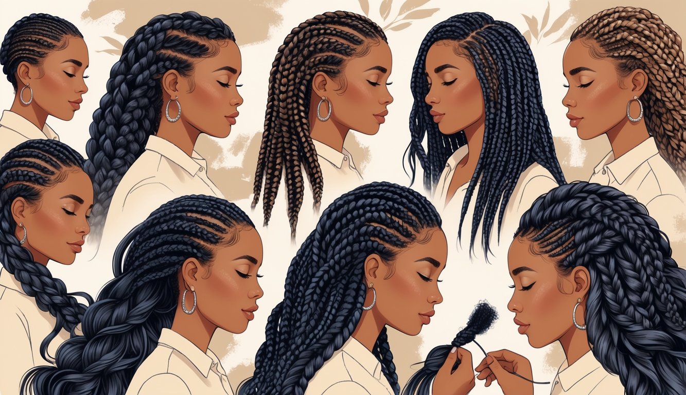 Several women with different protective braided hairstyles in a calm setting, showing healthy hair and careful braiding.