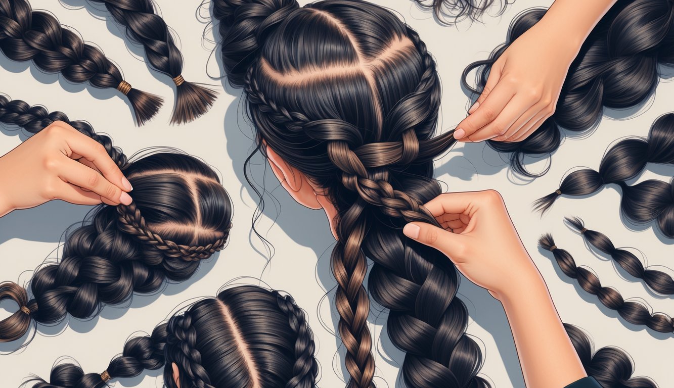 Close-up view of hands creating various braided hair patterns alongside sections of hair with perm curls.