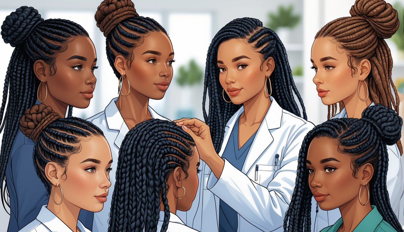A dermatologist examining the scalp of a woman while other women with different hairstyles wait nearby in a clinic setting.