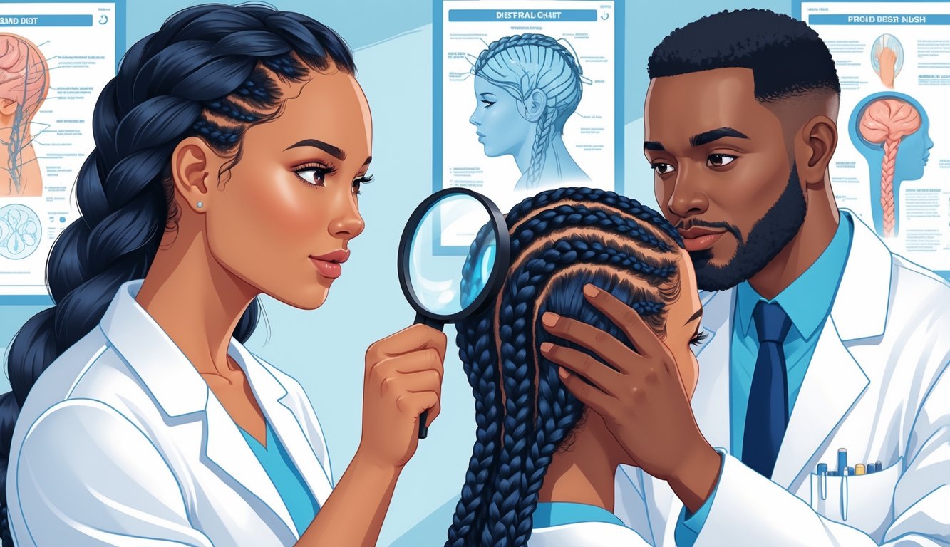 A dermatologist examining a woman’s scalp with neatly braided hair in a clinical setting.