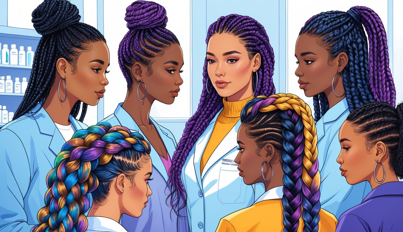 Illustration of women with various braided hairstyles in a bright, clinical setting with a medical professional observing.