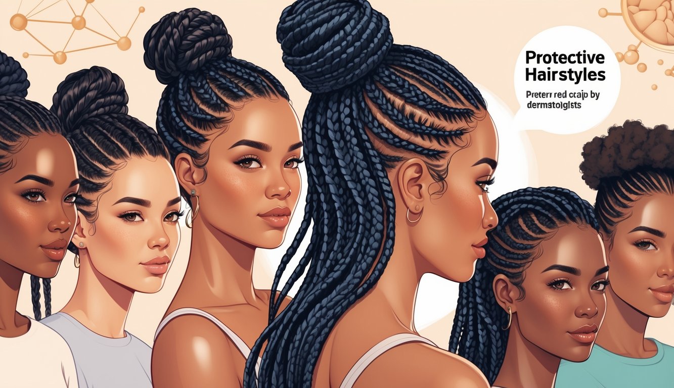 A group of women with different protective hairstyles, one woman with a detailed braided style in the center, all showing healthy hair and skin in a clean, modern setting.