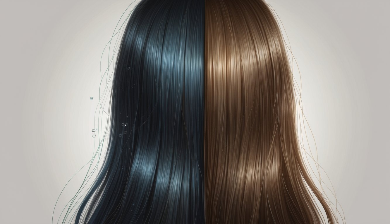 Close-up of a woman's hair showing one side vibrant and shiny, the other side dull and dry.