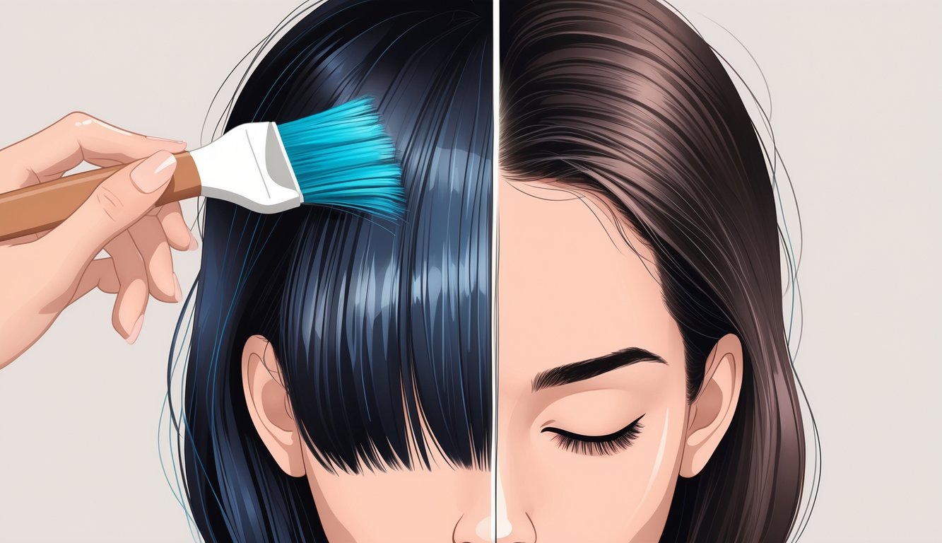 Close-up of a woman's hair showing one side vibrant and shiny, the other side dull and dry, illustrating the effects of permanent hair dye on hair quality.