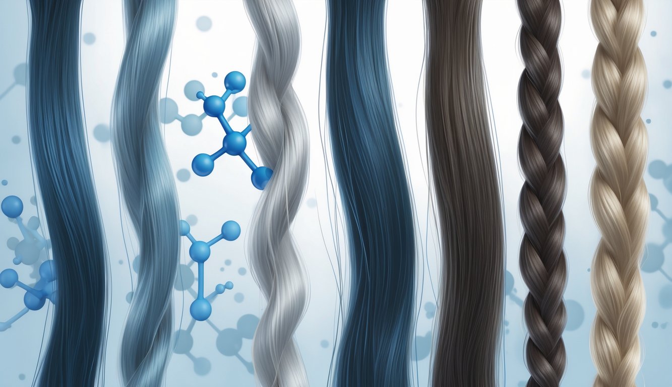 Close-up view of several hair strands, some shiny and healthy, others dull and damaged, with faint chemical symbols in the background.